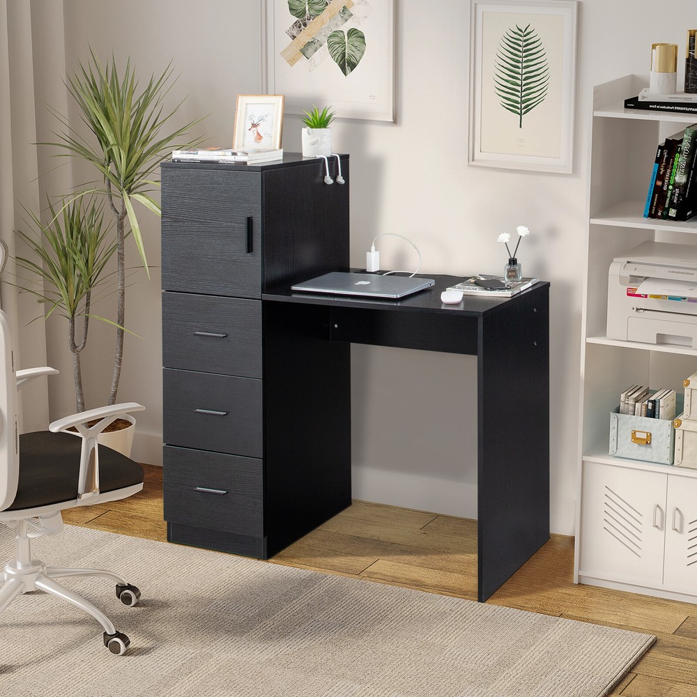Black embossed melamine particleboard computer desk with 2 power sockets