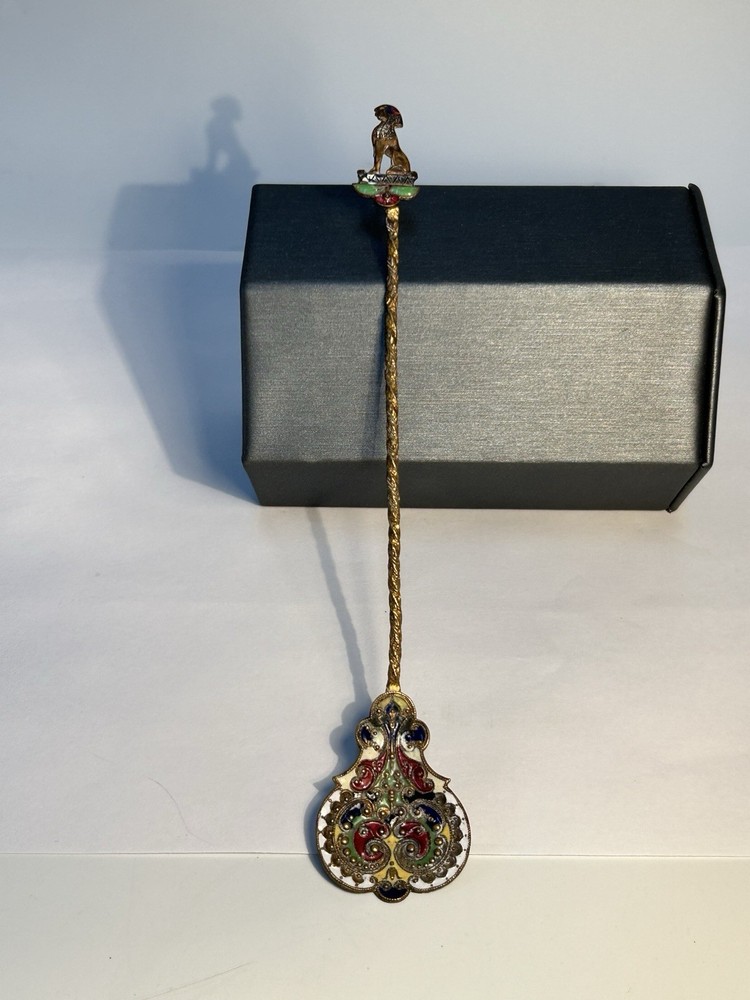 Antique Brass Champlevé Enamel Figural Sphinx Spoon Twisted Handle 19th