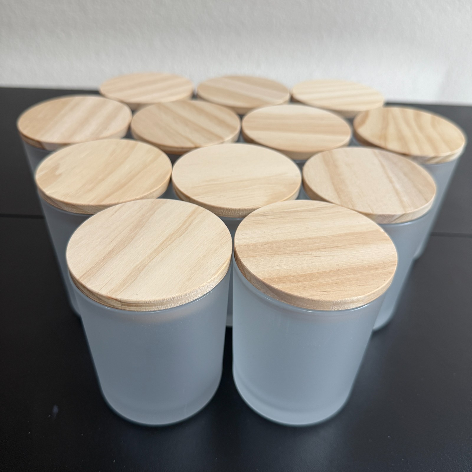 Frosted Clear Glass Candle Container With Wooden Lid Capacity 7 Oz Lot Of 12
