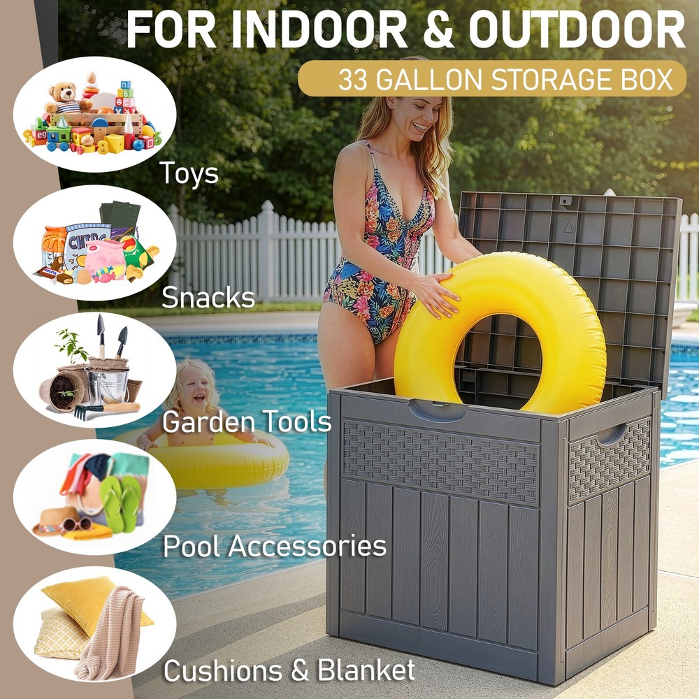 33Gallon Deck Box, Outdoor Storage Box with Lockable Lid, Easy Assembly Durable