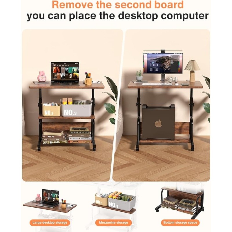 Adjustable Mobile Laptop Desk W/ Storage Rolling Computer Workstation Table New