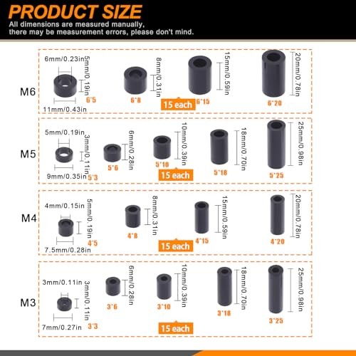 270Pcs 18 Sizes M3 M4 M5 M6 Nylon Round Spacer Standoff Assortment Kit Black