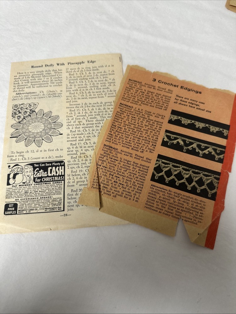 Vintage Crochet Pattern Doily & Edgings - Pulled From Magazines - Lot