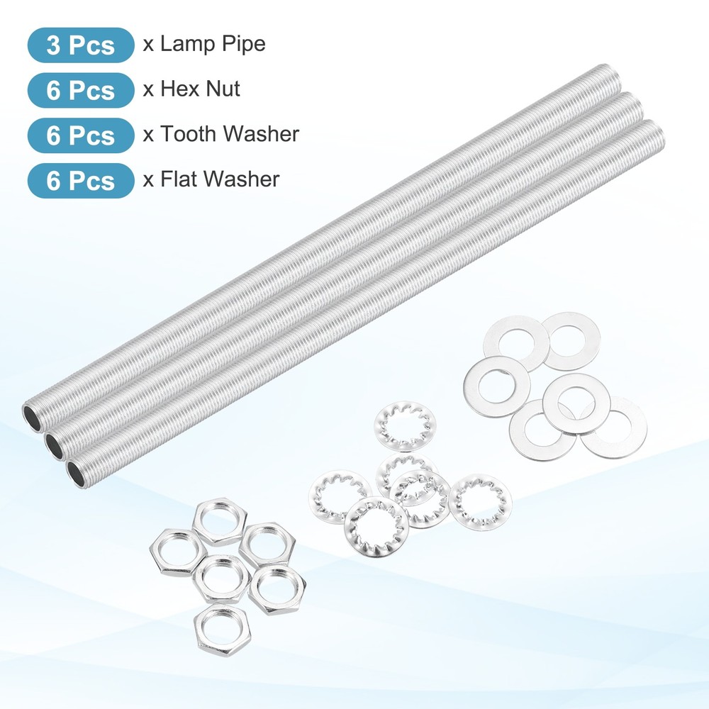 21Pcs 12.2" M10 Lamp Pipe Kit with Lock Nuts Washers for Assembly, Silver