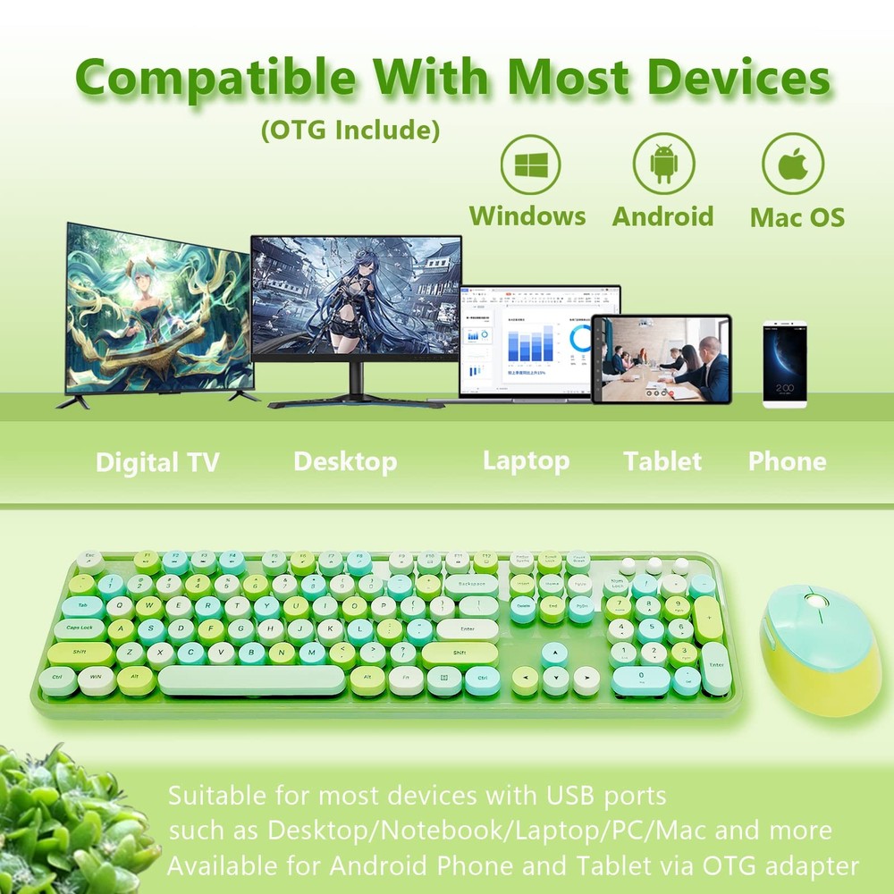 Wireless Keyboard and Mouse Combo Retro Typewriter Ergonomic Set Green