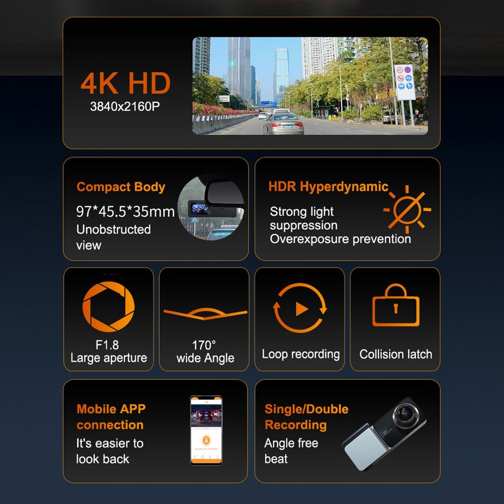 4K GPS Dash Cam WiFi Night Vision 170° Wide Angle Dashboard Camera w/APP Control