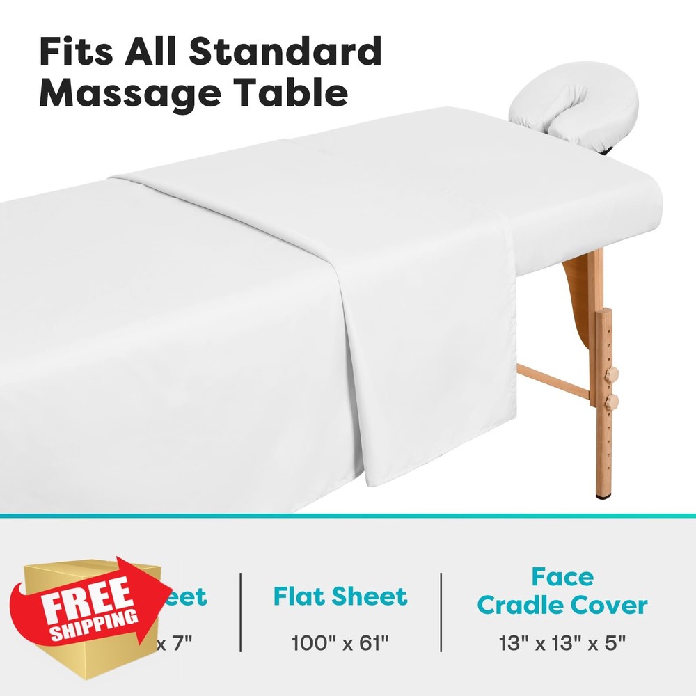 Comfyanno Massage Table Sheets Set 3pc Microfiber White Fitted Flat Cover