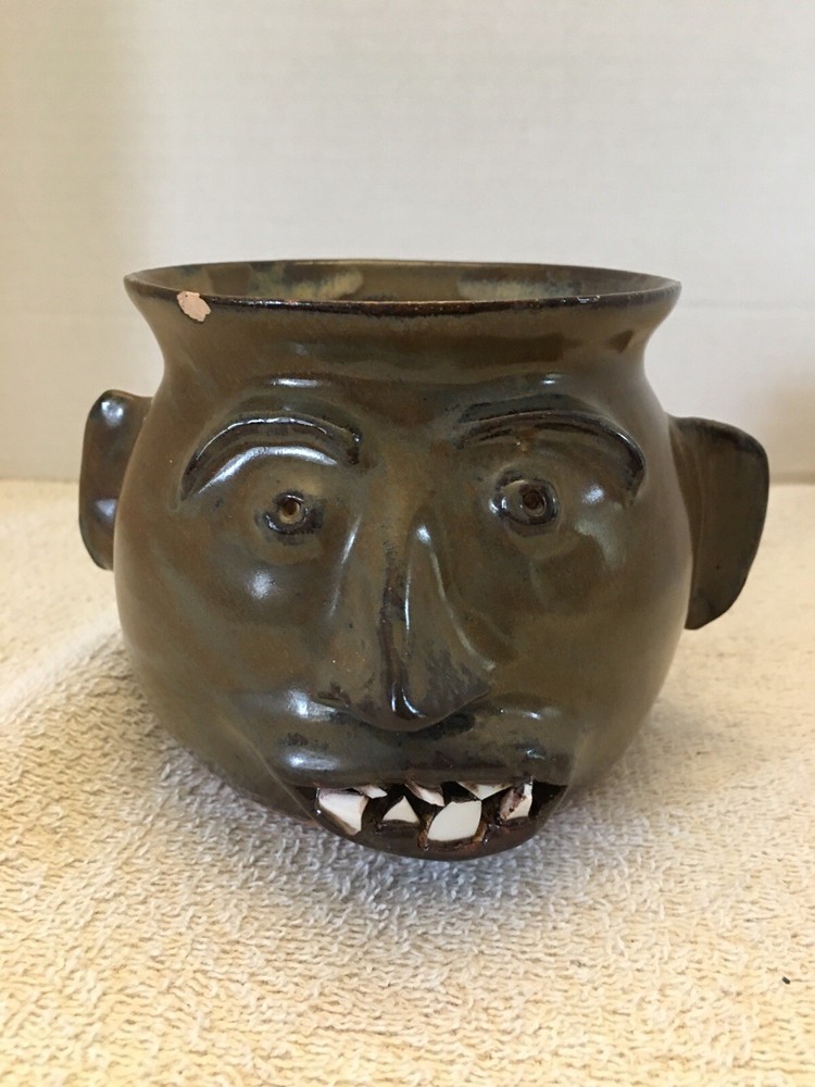 Face Pottery Decor Piece / Planter Artist Signed & Dated 2001