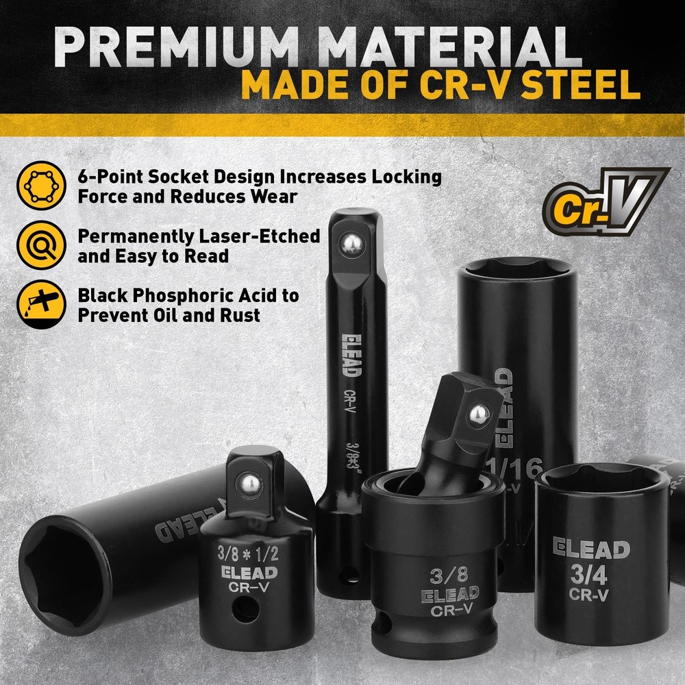 3/8'' Drive Impact Socket Set - 50-Piece Shallow & Deep Socket Set Metric and...