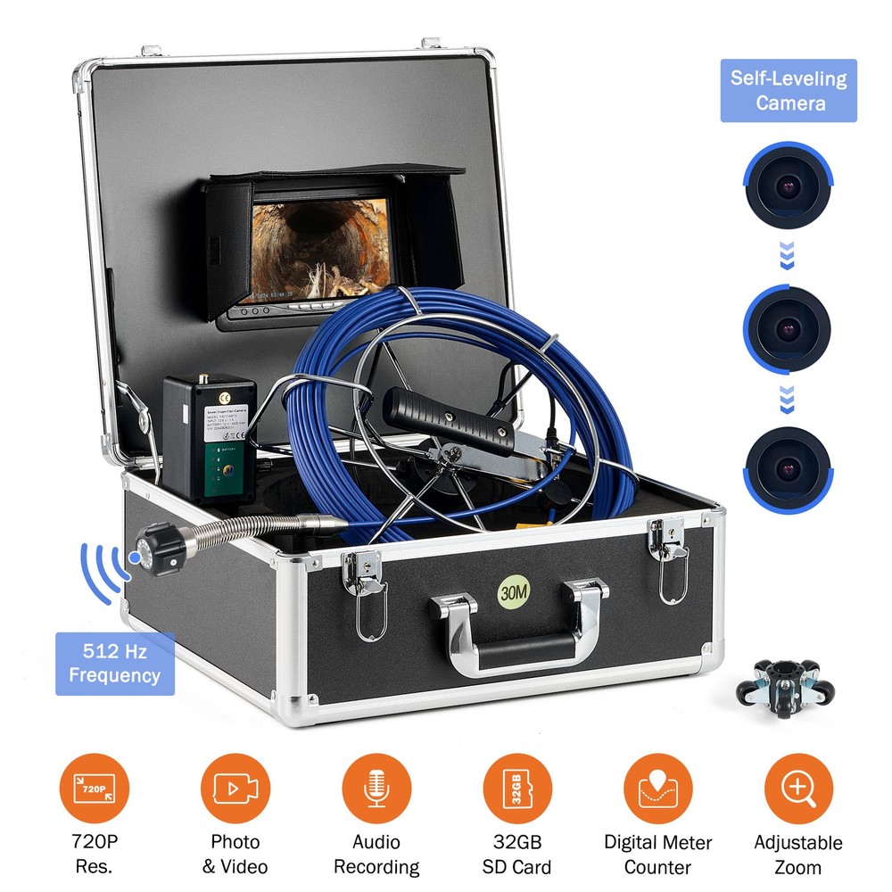 7" Self-Leveling Sewer Camera 100FT Pipe Inspection Camera w 512Hz Transmitter