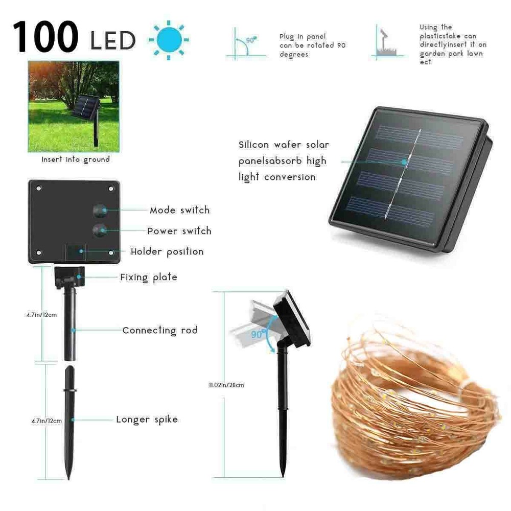 2 Pack 33 Ft 100 LEDs Copper Wire String Fairy Lights Solar Powered Mini LED