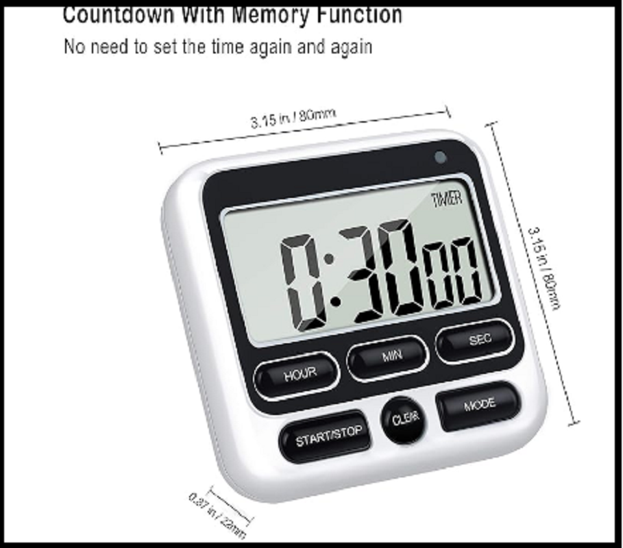 Digital Kitchen Timer With Mute/Loud Alarm Switch 12 Hour Clock Memory Function