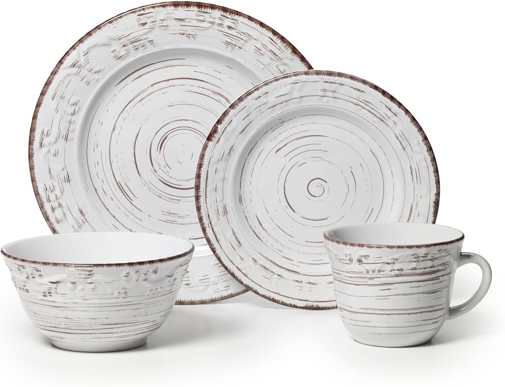 White 16-Piece Dinnerware Set, Serves 4, White Embossed