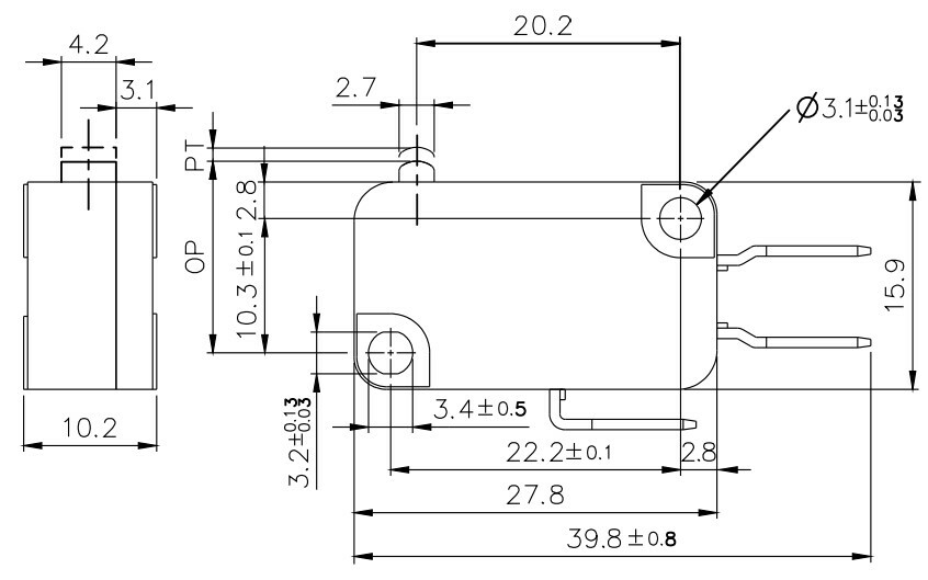 Micro Switch (Tend) TMV100-C; 10A Push Button Type; (1C bottom terminal #250)