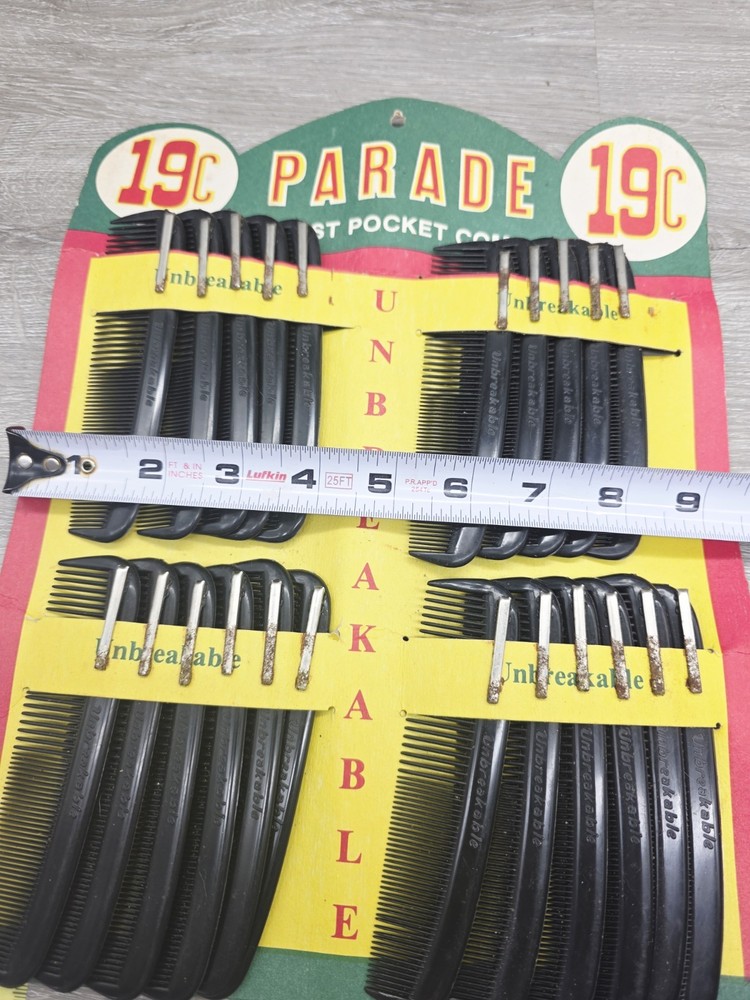 1950s PARADE Unbreakable Comb Store Display 22 Count, Bright Colors.