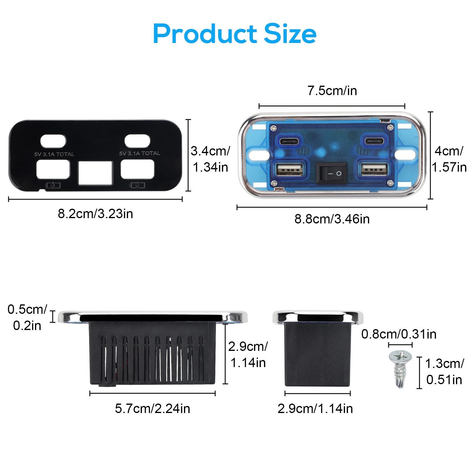 2pcs RV USB Outlet Dual USB A & USB C Ports Car Charger Socket Panel Boat Marine