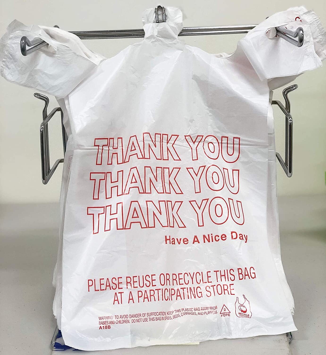 Bags 1/6 Large 21 x 6.5 x 11.5 WHITE THANK YOU T-Shirt Plastic Shopping Bags