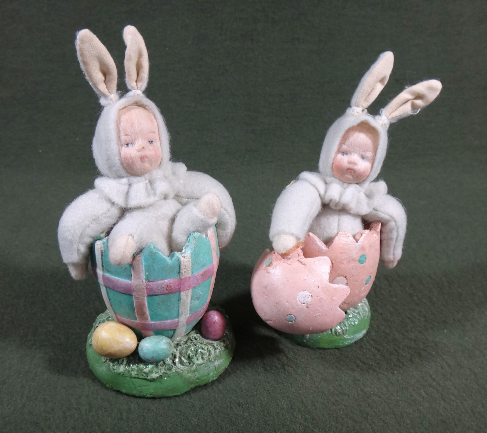 TWO vintage whimsical Spring EASTER BUNNY BABY doll RABBIT figures