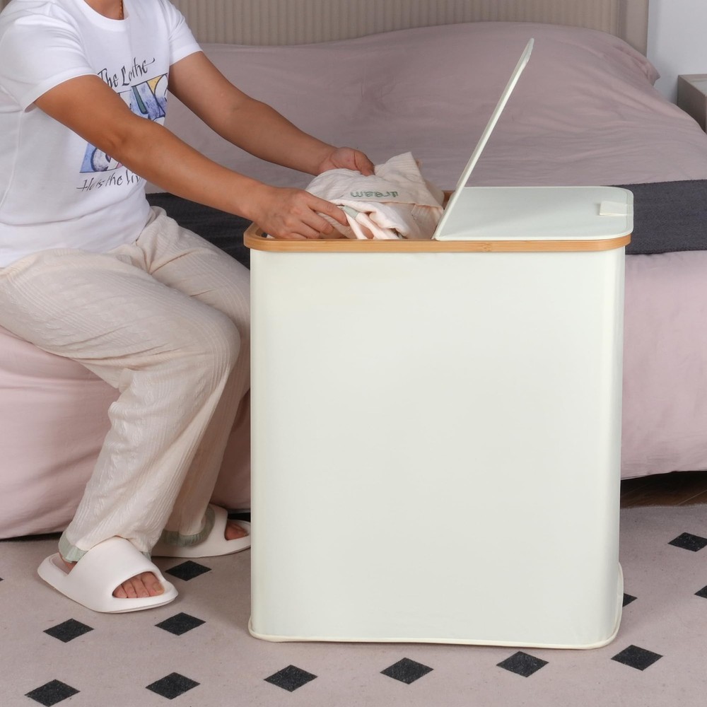 Laundry Hamper with Lid, Double Laundry Hamper with 2 Removable Bags, 2 Secti...