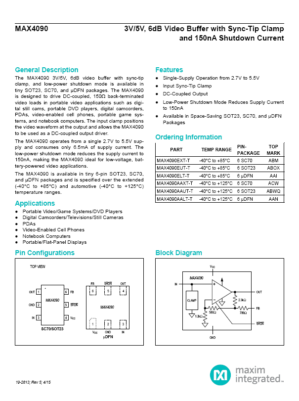 MAX4090 EUT IC Wideband Amplifier SOT23-6 Package, 5 pieces.