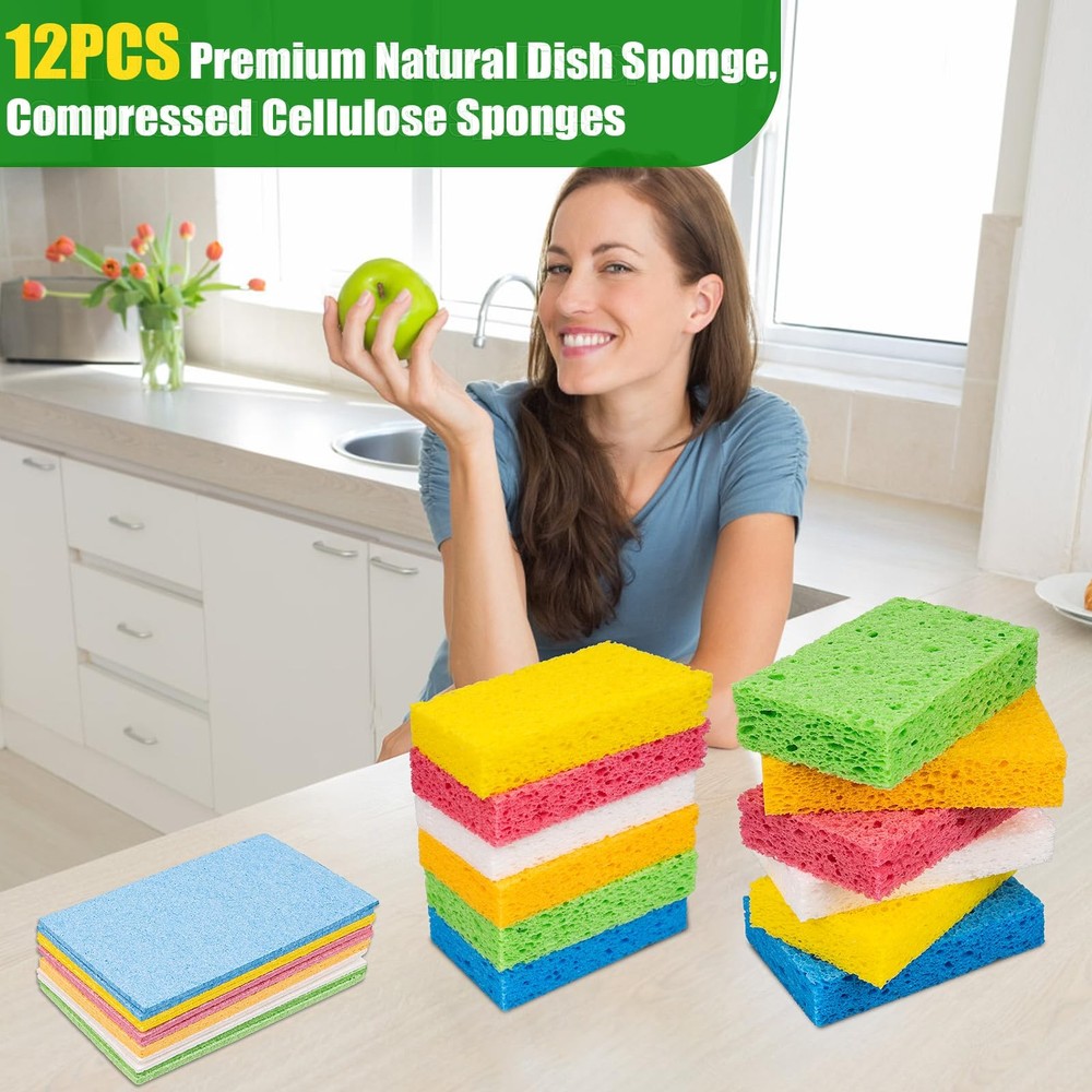 12 Pcs Natural Compressed Cellulose Sponges Non Scratch Reusable Sponges