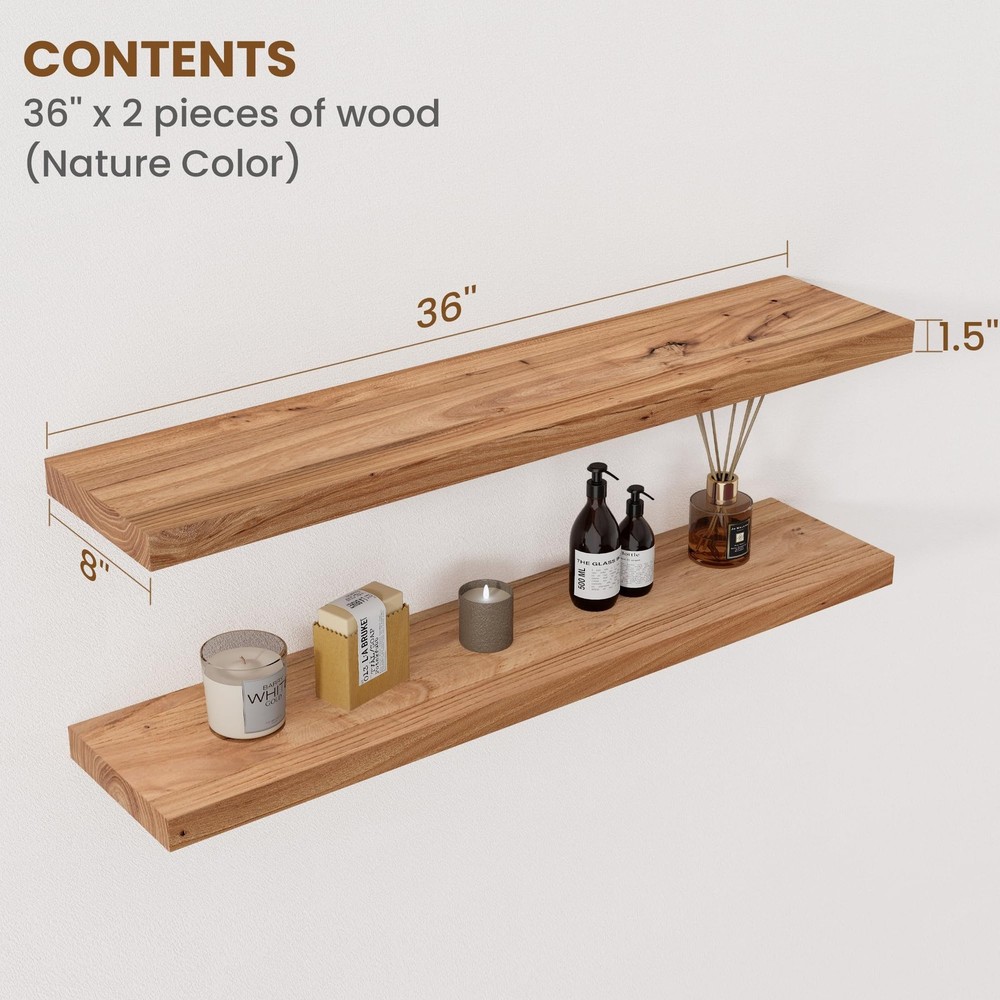 Floating Shelves for Wall Decor, 8" Deep Rustic Solid Elm Wood Floating Shelv...