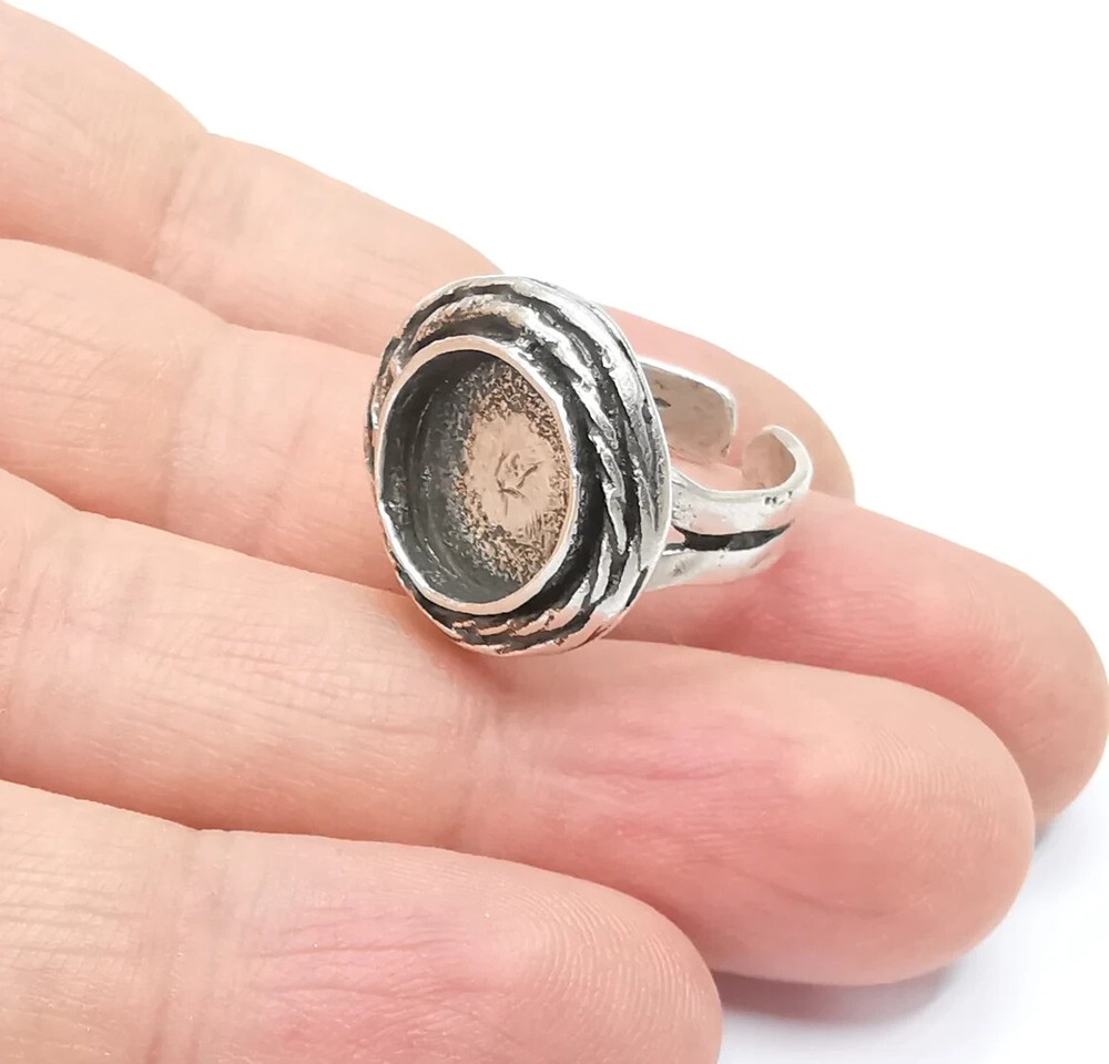 Round Blank Ring Adjustable Base Bezel Cabochon Antique Silver Plated Brass