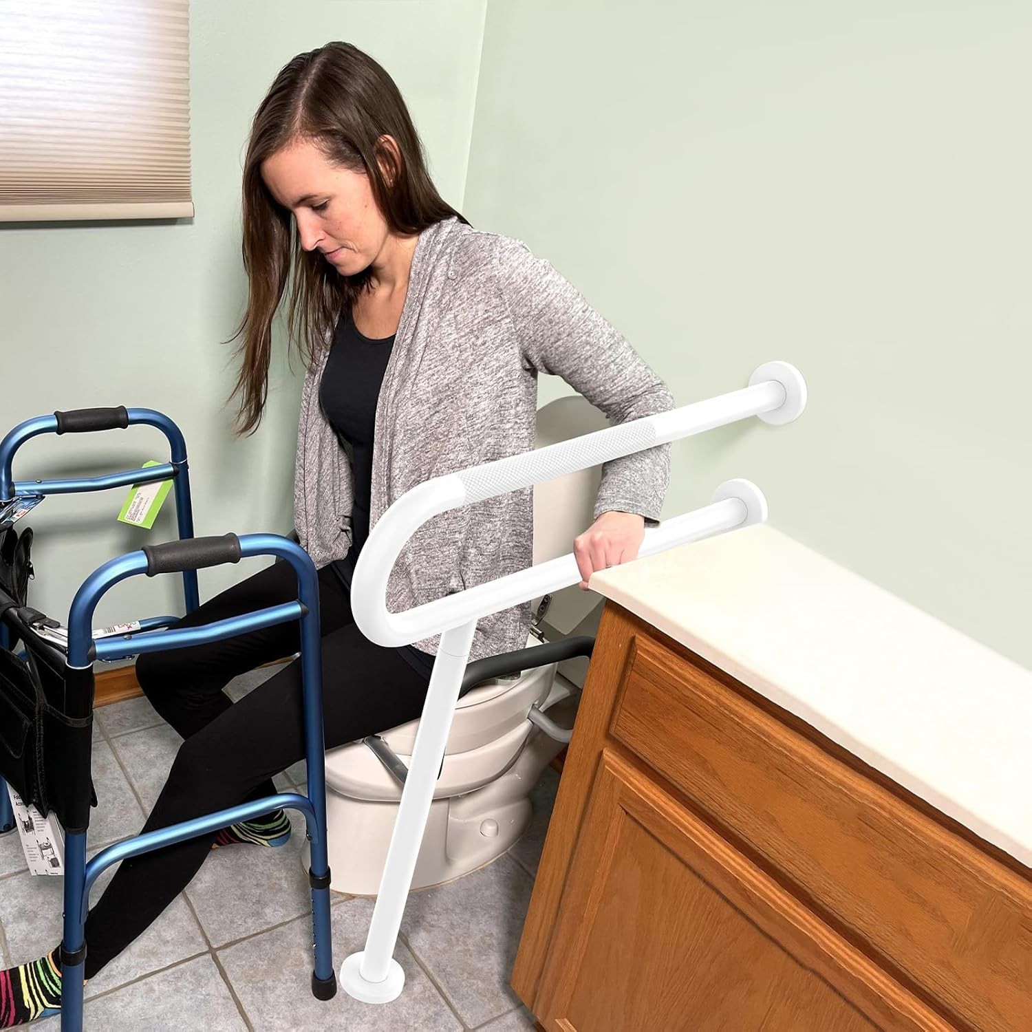 White Toilet Support Rail 31.3X 31.5 Inch, Anti-Slip Floor to Handicap