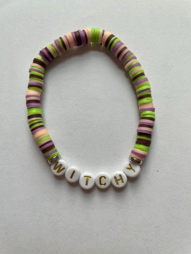 Handmade Halloween Clay Bead Bracelet That Says Witchy