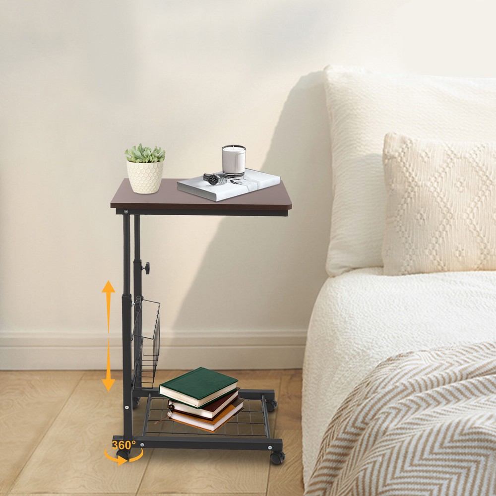 2 Tiers Red Walnut Color Mobile Standalone Adjustable Bed Side Table w/ Wheels