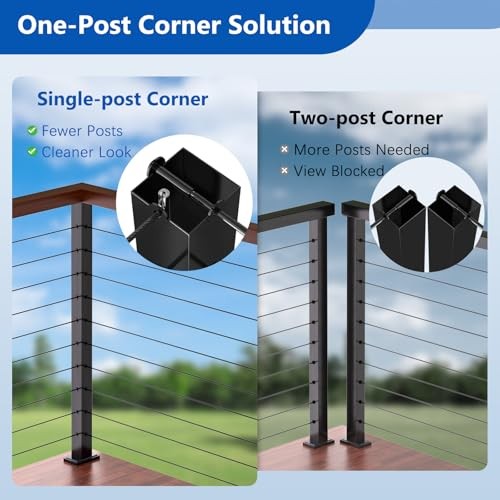 36" T304 T-drilled Cable Railing Corner Post(Post 35"x2"x2"), Three Sides Wire