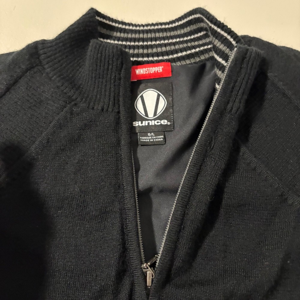 Sunice Windstopper Mens L 1/4 Zip Golf Sweater Black 100% Wool Lined Pullover