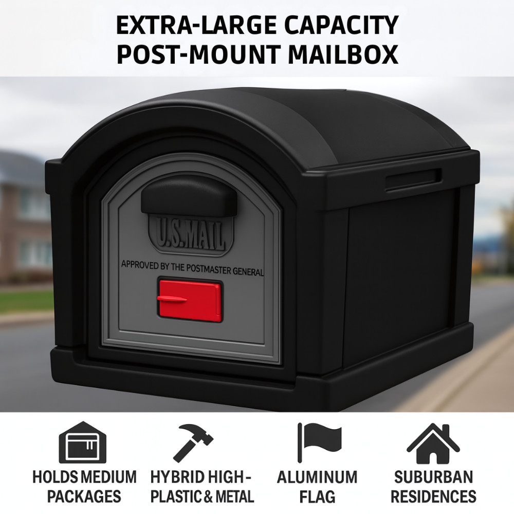 XL Post Mount Mailbox Extra Large Capacity Double-Wall Weather-Resistant Black