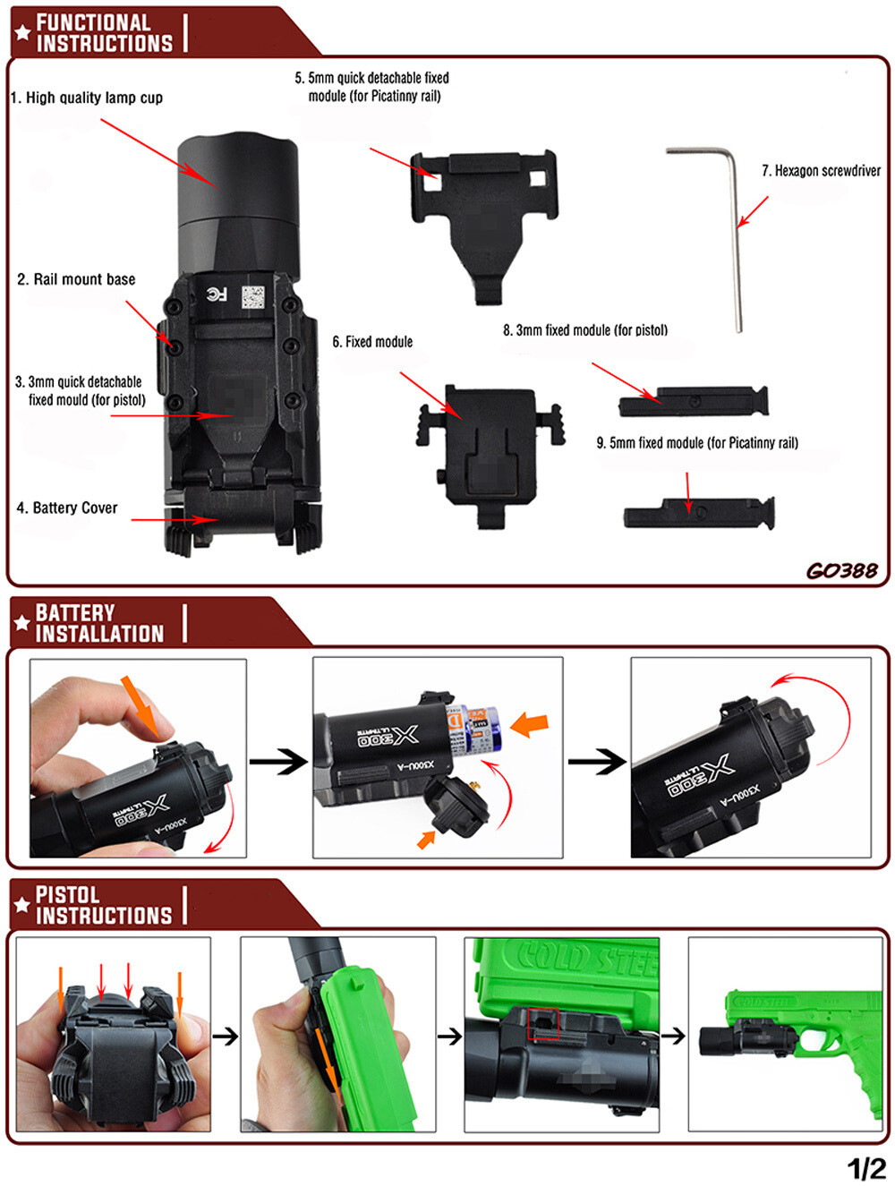 X300U 500LM LED Weapon Flashlight Gun 20mm Picatinny Rail Torch for rifle Pistol