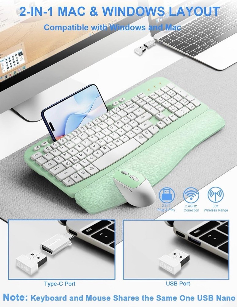 Wireless Keyboard and Mouse Combo, Wave Keys Computer Ergonomic Keyboard