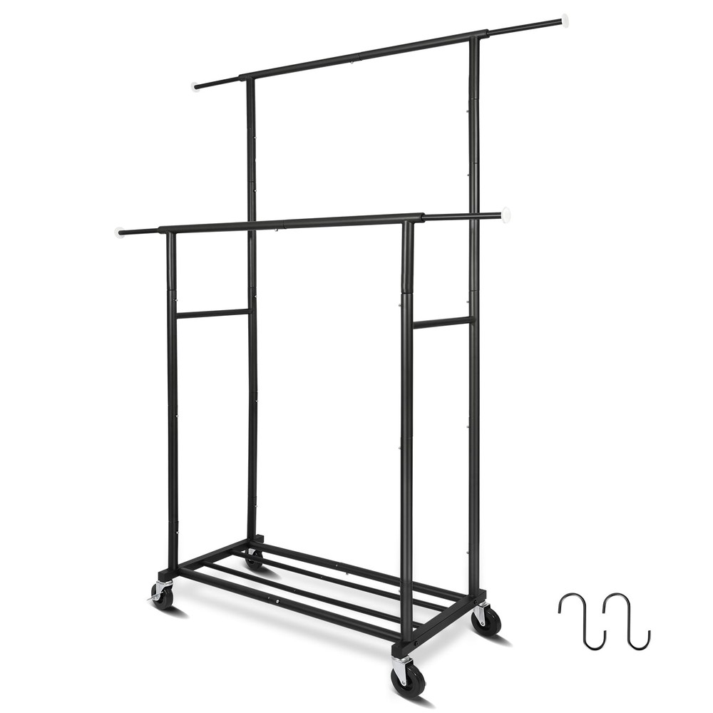 Stand Portable Black Double Rods Garment Rack with Rolling Clothes Organizer ...