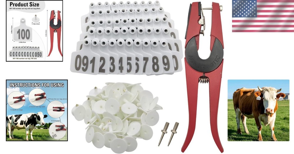 Professional Cattle Tagging Kit: 100 Numbers Ear Tags with Applicator Included