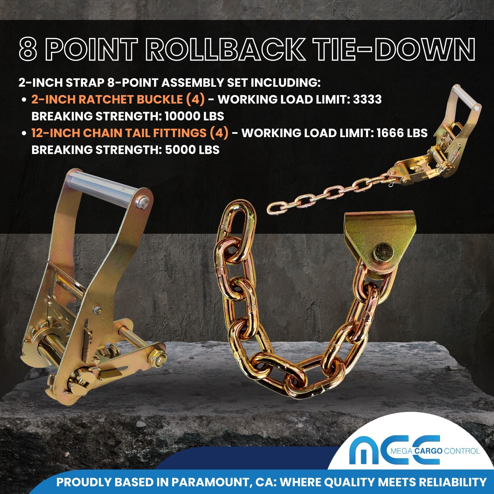 8 Point Roll Back Tie Down System w/ Chain Ends for Car Hauler Carrier Tow Truck