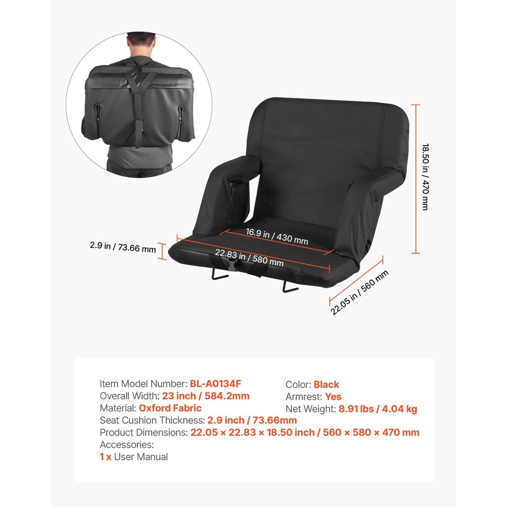 Folding Stadium Chair with Back Support, Armrest & Storage Pouch