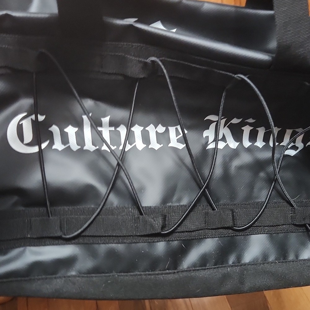 Culture Kings Black White Polyester Duffle Bag Zip Drawstring Adjustable Strap