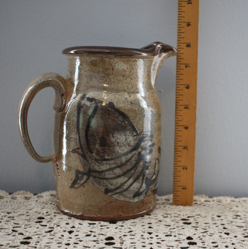 Art Pottery Studio Pitcher Signed LS Tan Brown Decorative Fish Pattern Speckled