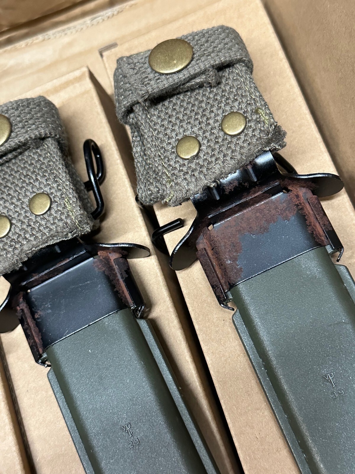 M1 CARBINE BAYONET LEATHER HANDLE WITH SCABBARD.