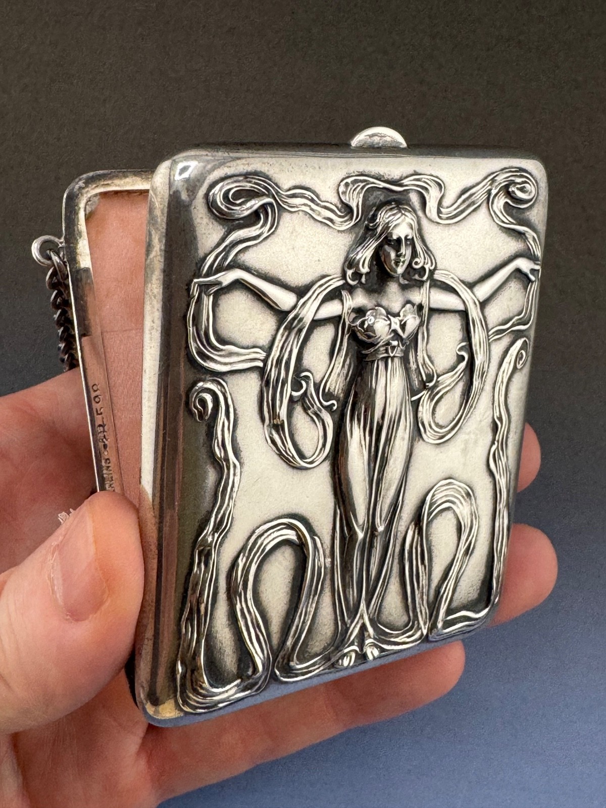 Sterling Silver Purse Art Nouveau Woman with Flowing Dress by Blackington 109 gr