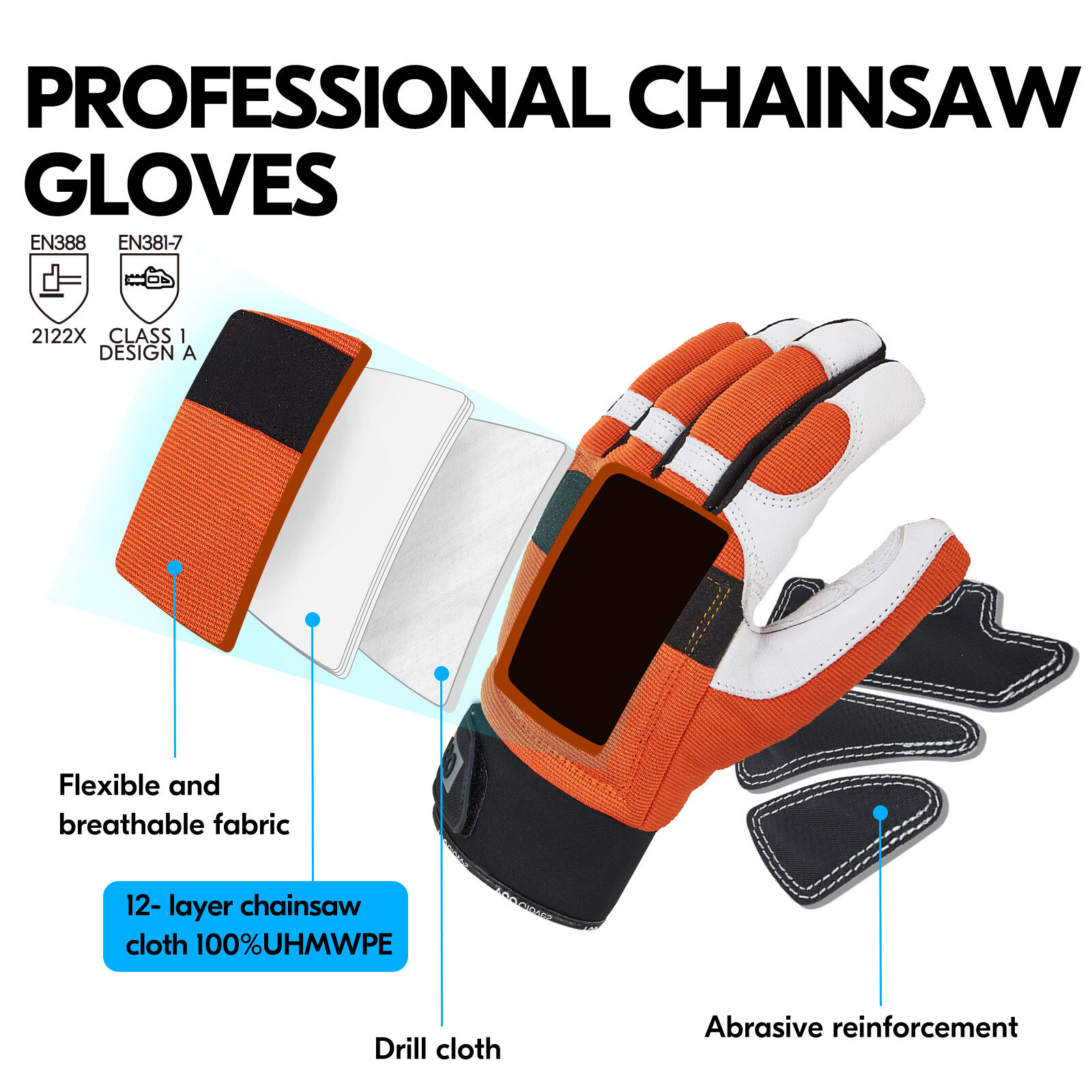 Vgo 1Pair Chainsaw Work Gloves Saw Protection on Left Hand Back (Orange, GA8912)
