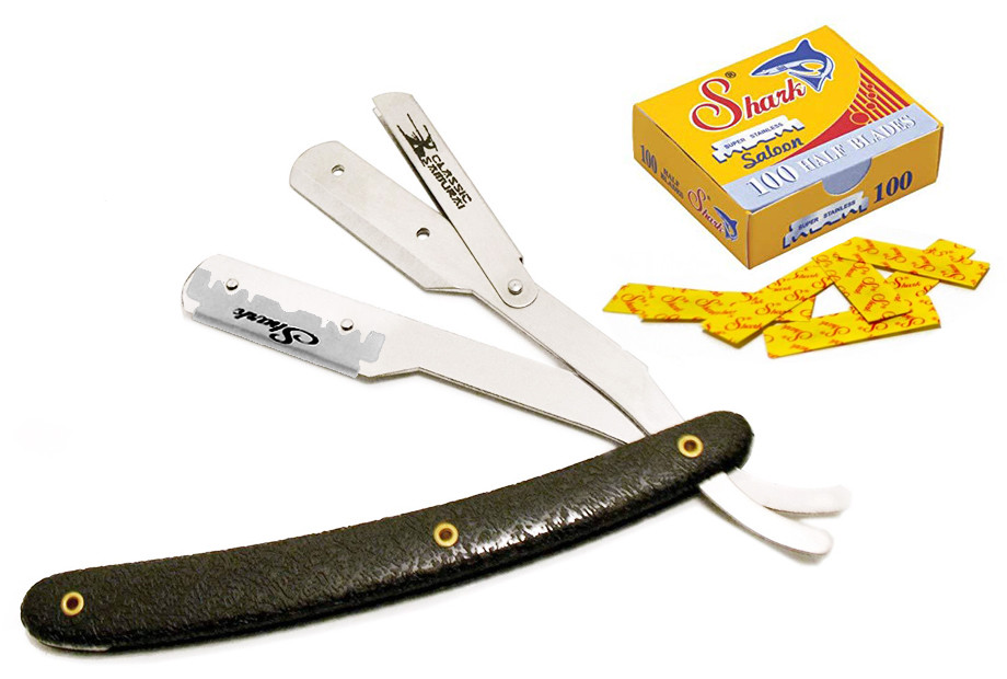 CS Black Pattern Stainless Straight Edge Barber Razor +100 Shark Single Edge