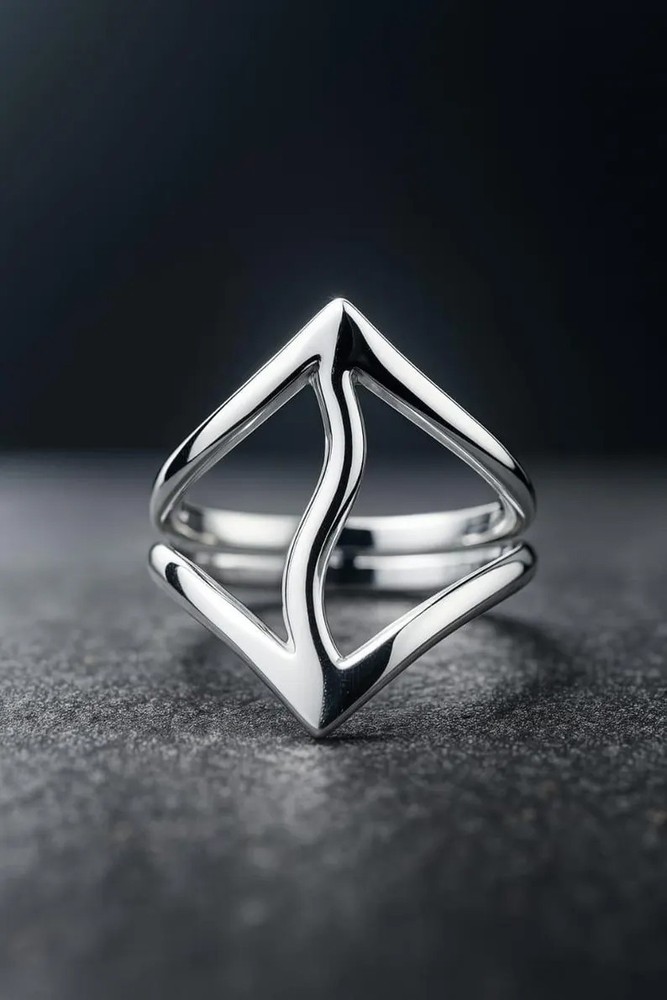 Solid 925Sterling Silver Modern Abstract Openwork Rhombus Contemporary Band Ring