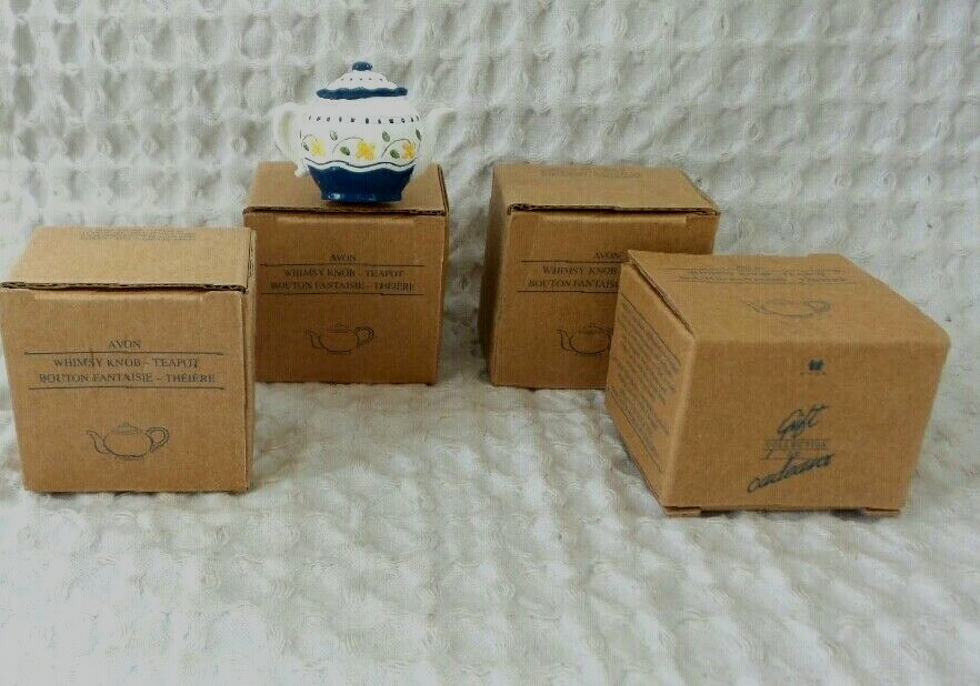 4 Avon Gift Collection TEAPOT KETTLE Drawer Pull Knob Painted Whimsy White Blue