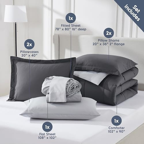 King Size Comforter Set 7 Pieces - Reversible King Comforter Set Dark Grey,
