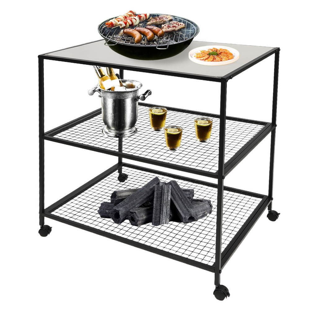 Movable Dining Cart Outdoor BBQ Food Prep Table Kitchen Serving Table 3 Tier