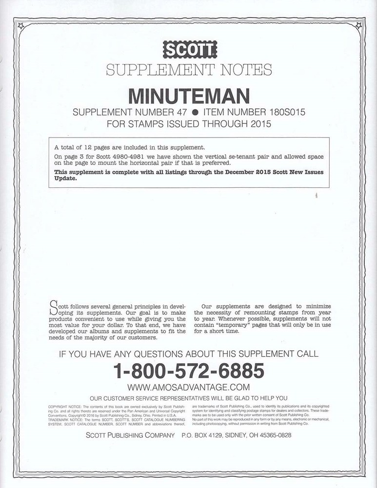 Scott Stamp Collection Album Supplement Pages US Minuteman 2015 New Pack
